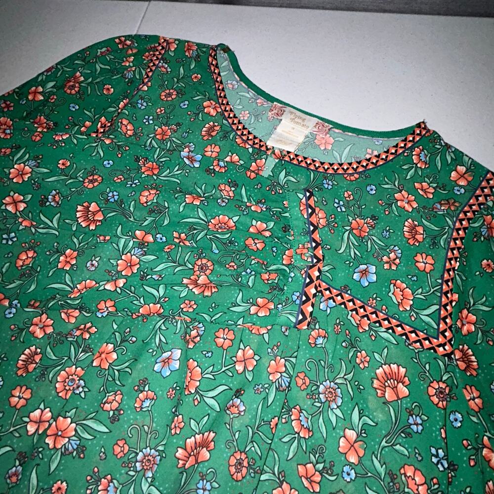 Flying Tomato Green Floral Balloon Sleeve Blouse Women Sz 1X